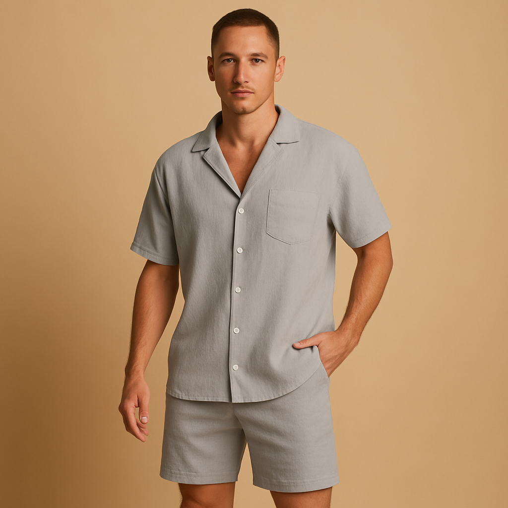 Men’s casual summer set with V-neck shirt, lapel collar, and elastic shorts. Relaxed fit, breathable fabric, available in Black, Grey, and Green.