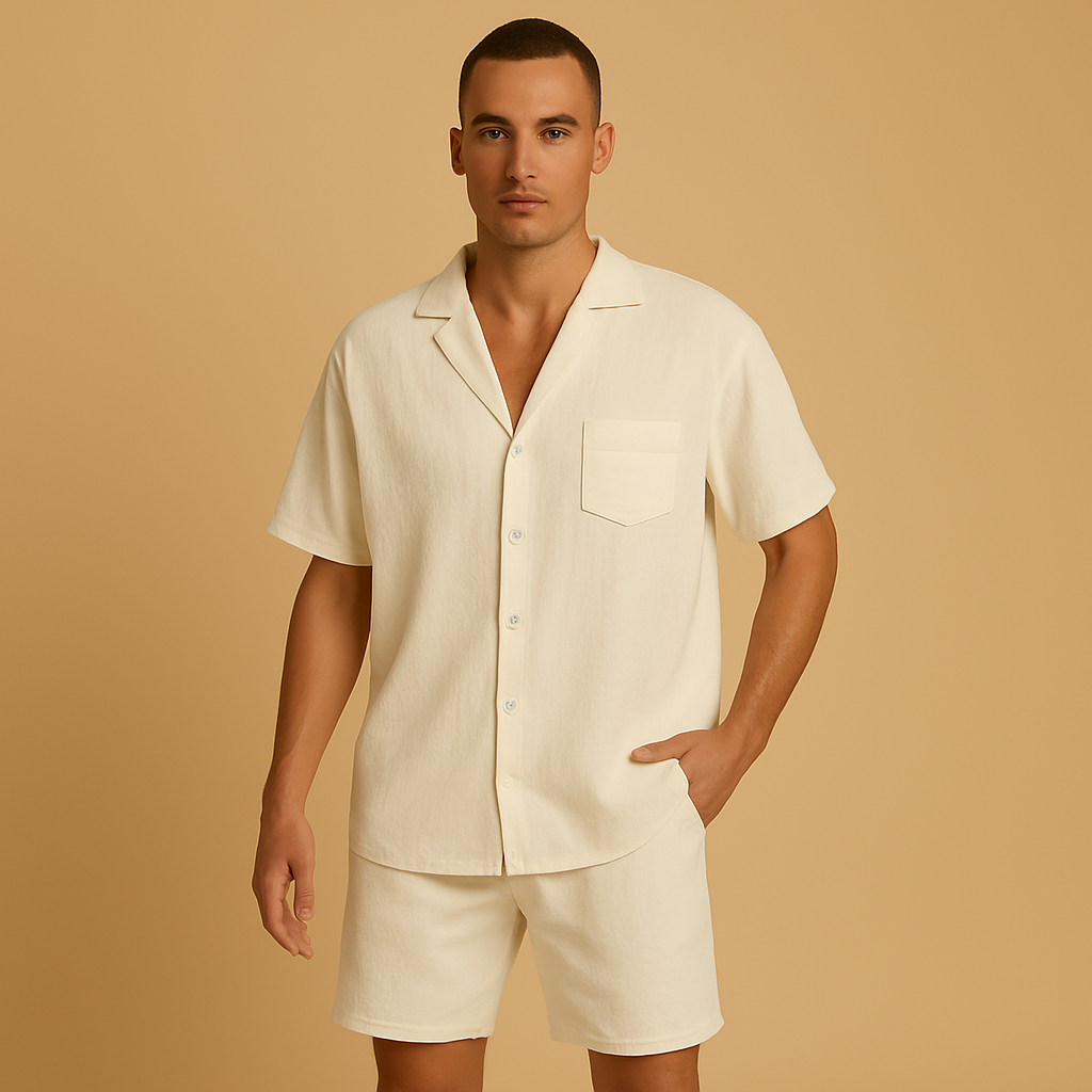 Men’s casual summer set with V-neck shirt, lapel collar, and elastic shorts. Relaxed fit, breathable fabric, available in Black, Grey, and Green.