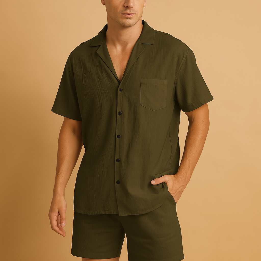 Men’s casual summer set with V-neck shirt, lapel collar, and elastic shorts. Relaxed fit, breathable fabric, available in Black, Grey, and Green.