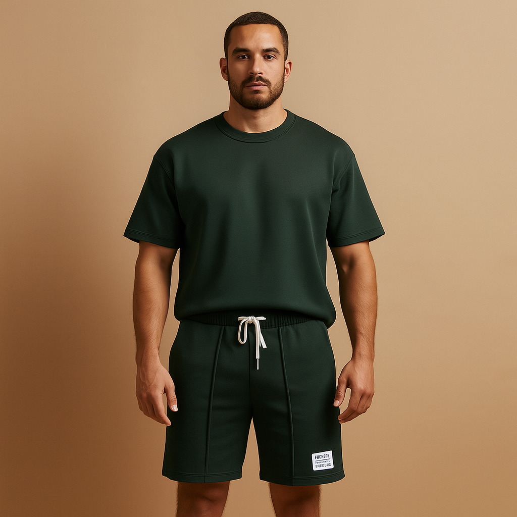 Casual men’s summer set with minimalist T-shirt and matching shorts, relaxed fit, available in Neutral, Beige, Blue, Black, Khaki, and Red.