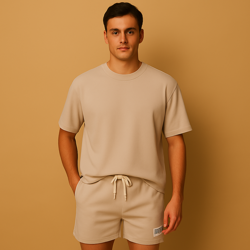 Casual men’s summer set with minimalist T-shirt and matching shorts, relaxed fit, available in Neutral, Beige, Blue, Black, Khaki, and Red.