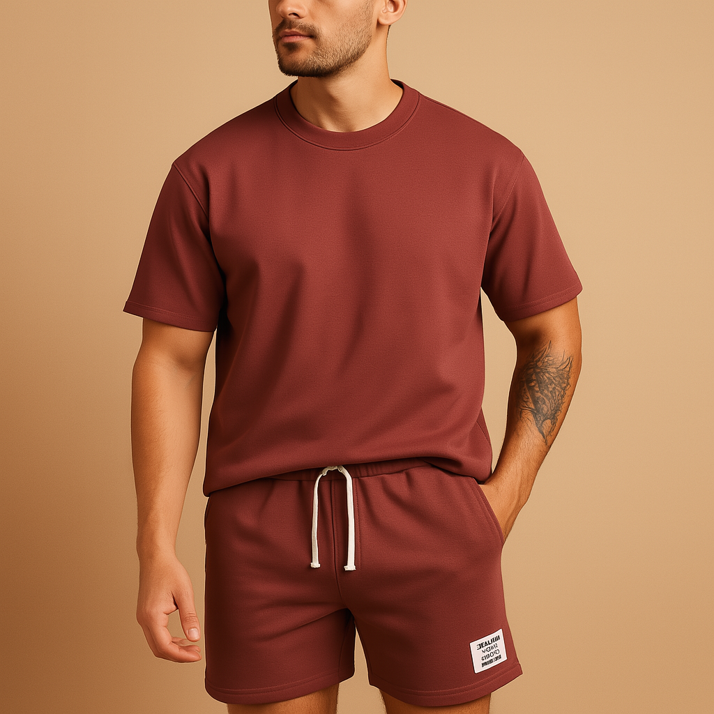 Casual men’s summer set with minimalist T-shirt and matching shorts, relaxed fit, available in Neutral, Beige, Blue, Black, Khaki, and Red.