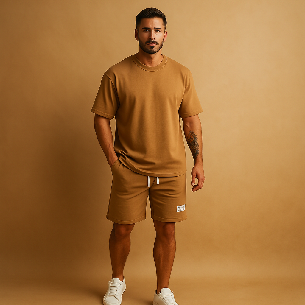Casual men’s summer set with minimalist T-shirt and matching shorts, relaxed fit, available in Neutral, Beige, Blue, Black, Khaki, and Red.