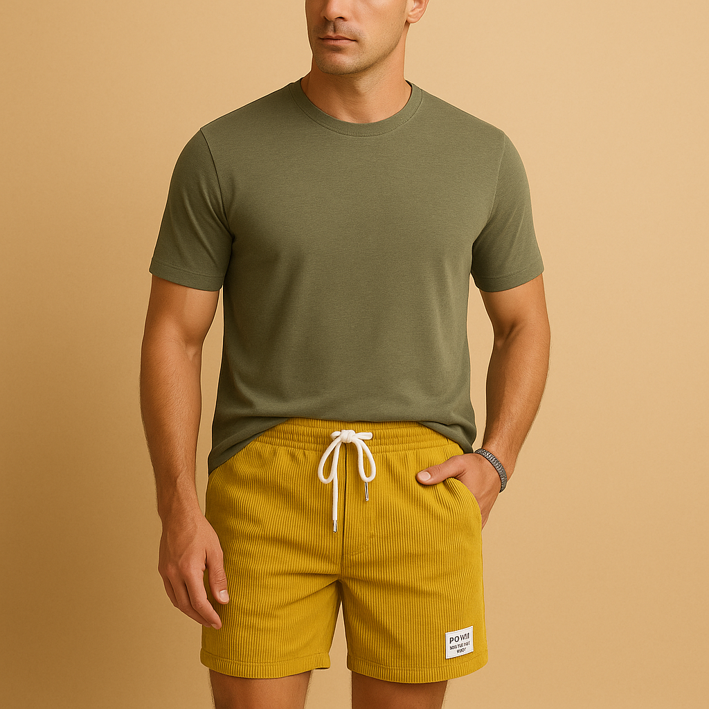 Men’s casual summer shorts with elastic waist and drawstring, available in sand, light grey, olive green, and dark blue. Lightweight and breathable.