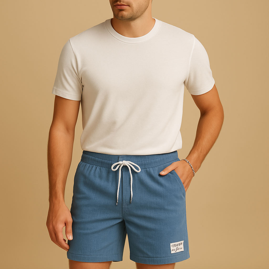 Men’s casual summer shorts with elastic waist and drawstring, available in sand, light grey, olive green, and dark blue. Lightweight and breathable.