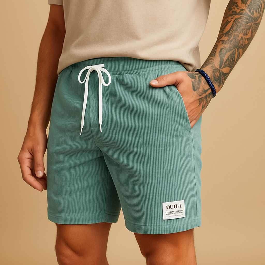 Men’s casual summer shorts with elastic waist and drawstring, available in sand, light grey, olive green, and dark blue. Lightweight and breathable.