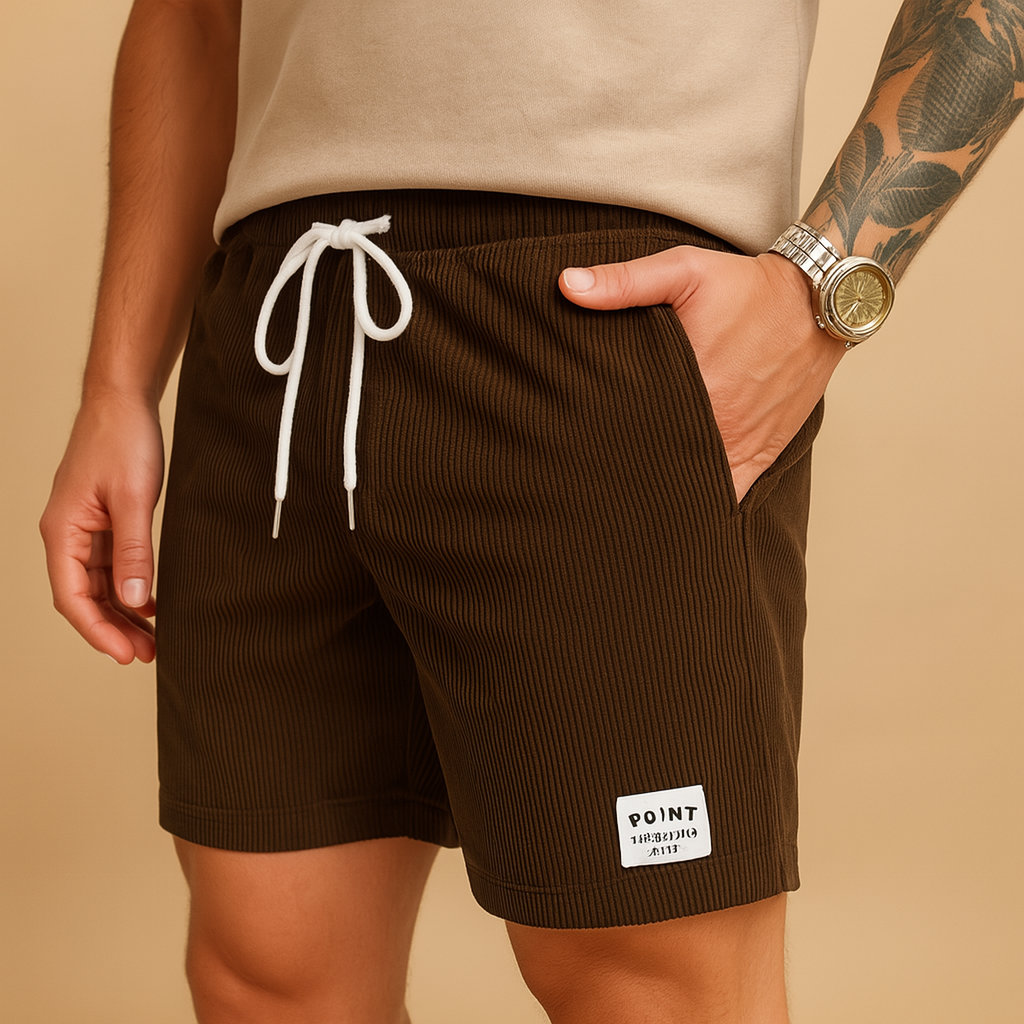 Men’s casual summer shorts with elastic waist and drawstring, available in sand, light grey, olive green, and dark blue. Lightweight and breathable.