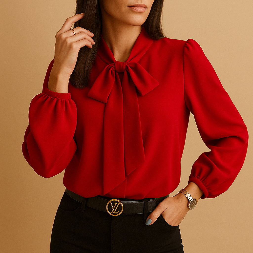 Elegant women’s bow-tie blouse with a loose fit and breathable design, ideal for office wear, dinners, or casual chic outfits.