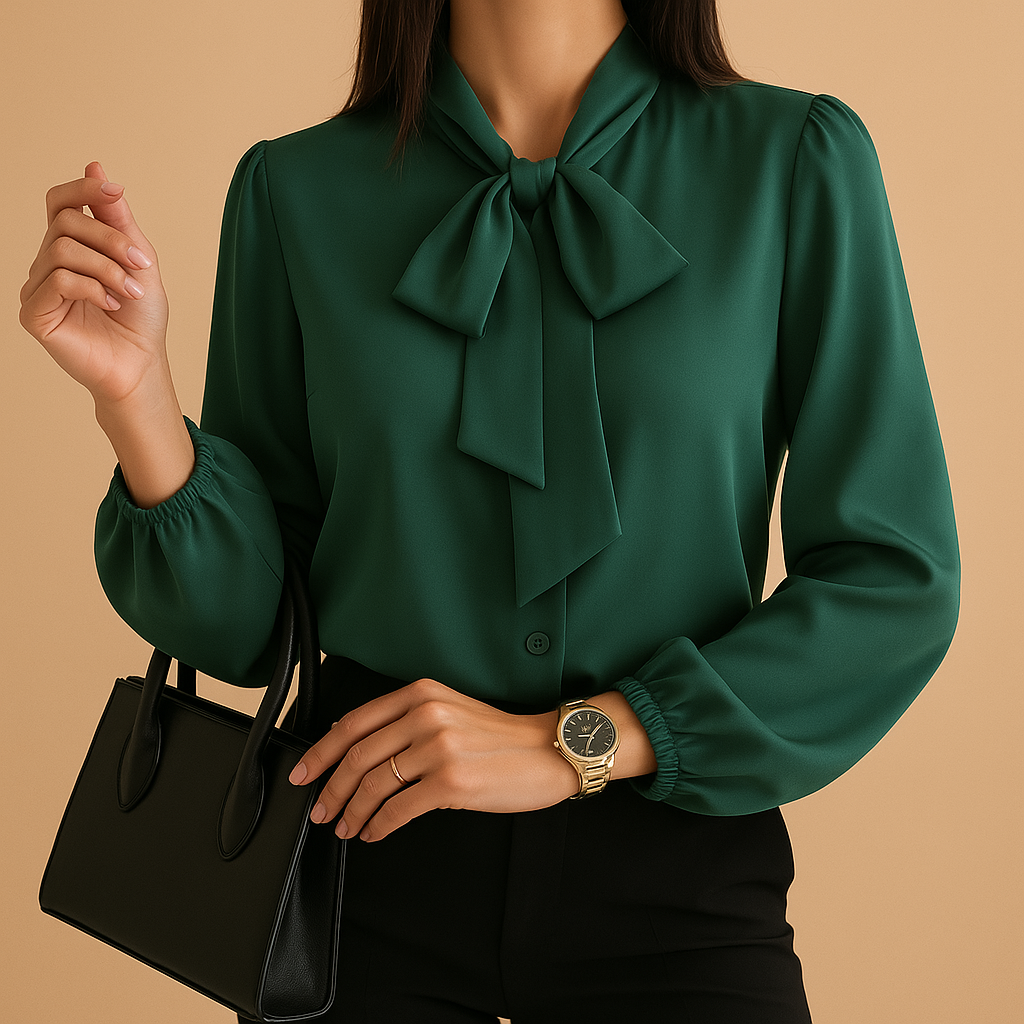 Elegant women’s bow-tie blouse with a loose fit and breathable design, ideal for office wear, dinners, or casual chic outfits.