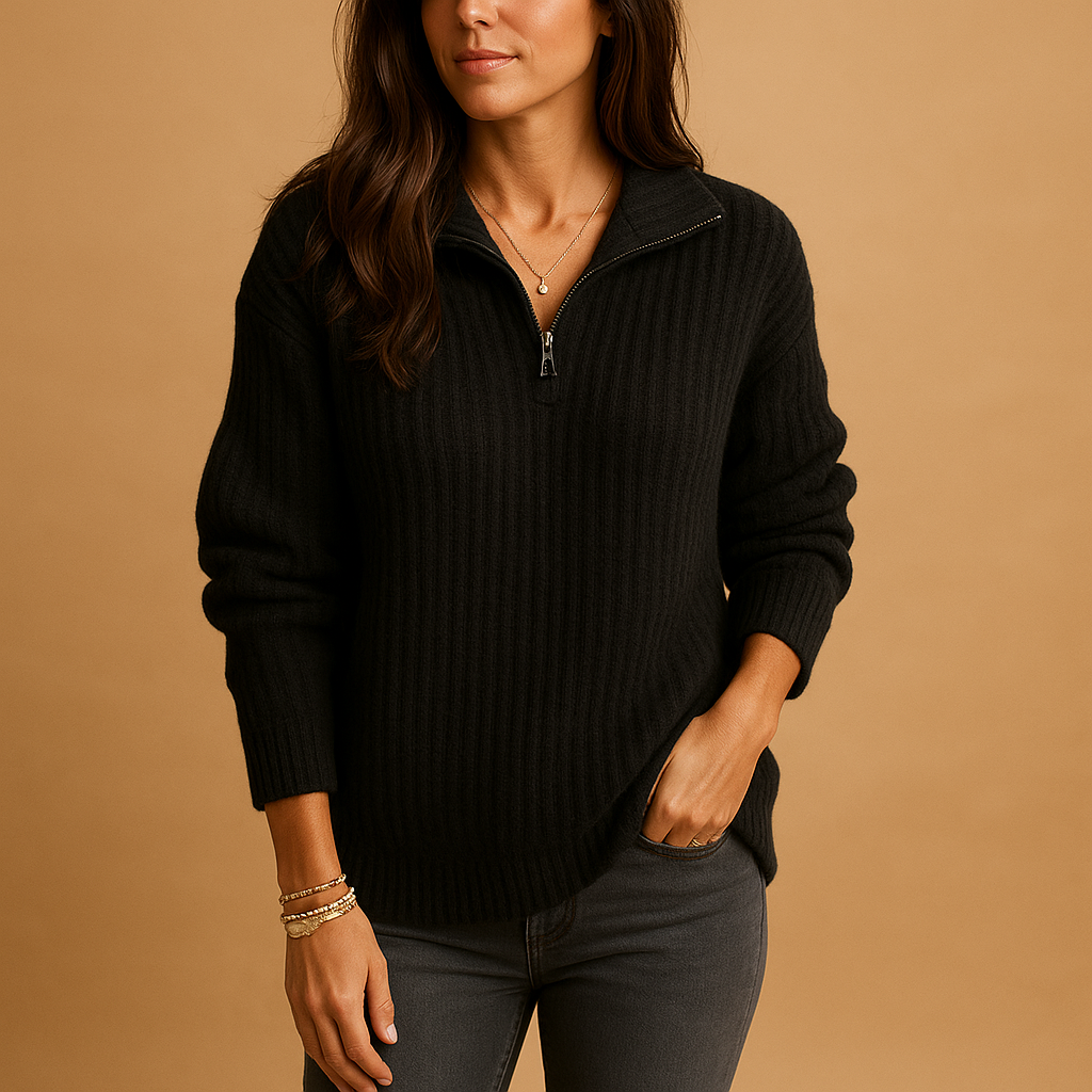 Chic half zip sweater for women with slightly tailored fit and breathable fabric, available in Khaki, Dark Grey, Grey, Blue, and Black.
