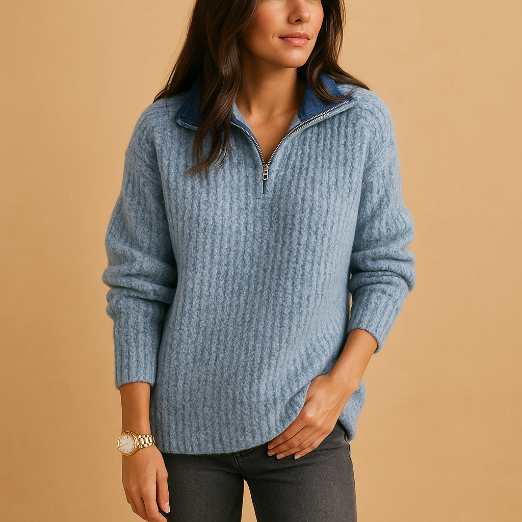 Chic half zip sweater for women with slightly tailored fit and breathable fabric, available in Khaki, Dark Grey, Grey, Blue, and Black.