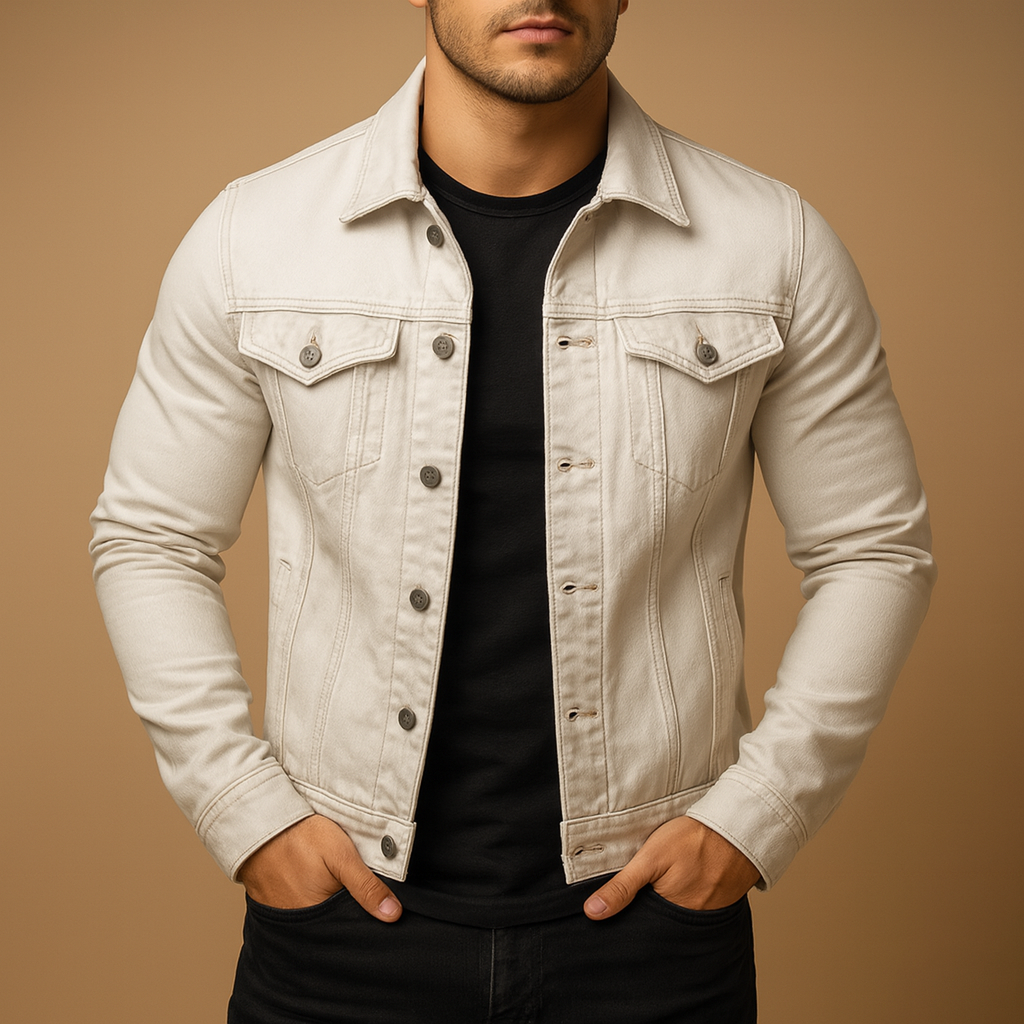 Men’s classic denim jacket with chest and side pockets, perfect for casual spring and summer outfits.