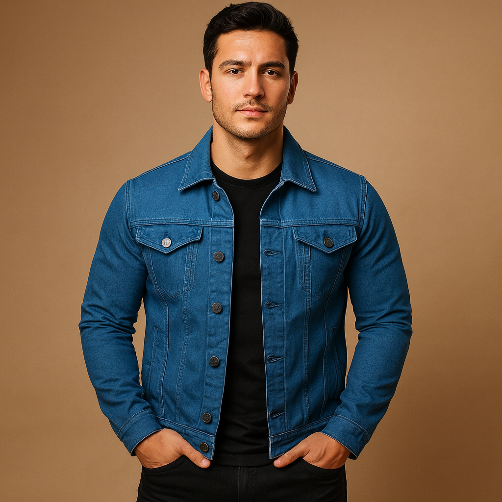 Men’s classic denim jacket with chest and side pockets, perfect for casual spring and summer outfits.