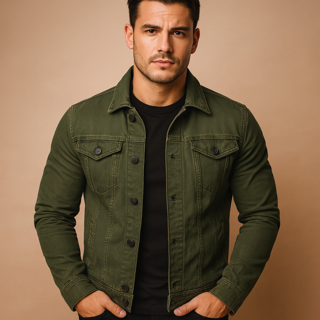 Men’s classic denim jacket with chest and side pockets, perfect for casual spring and summer outfits.
