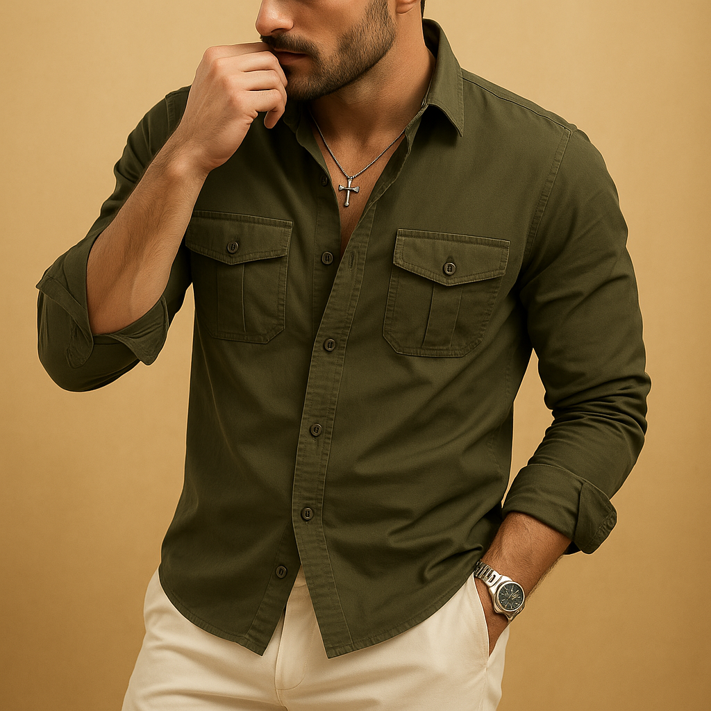Men’s classic dress shirt with notched collar, chest pocket, and comfortable fit, ideal for both formal and casual occasions in versatile colors.