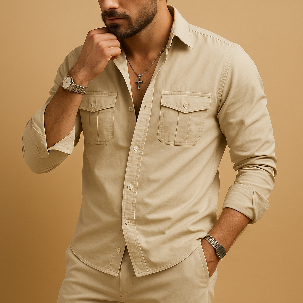 Men’s classic dress shirt with notched collar, chest pocket, and comfortable fit, ideal for both formal and casual occasions in versatile colors.