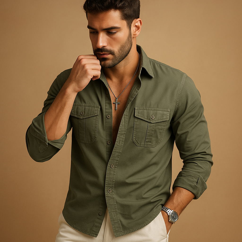 Men’s classic dress shirt with notched collar, chest pocket, and comfortable fit, ideal for both formal and casual occasions in versatile colors.