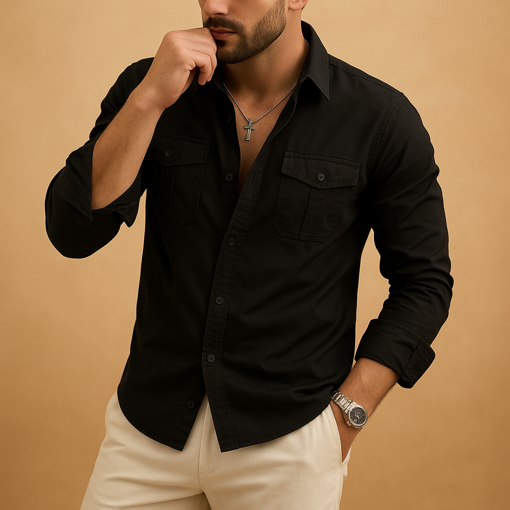 Men’s classic dress shirt with notched collar, chest pocket, and comfortable fit, ideal for both formal and casual occasions in versatile colors.