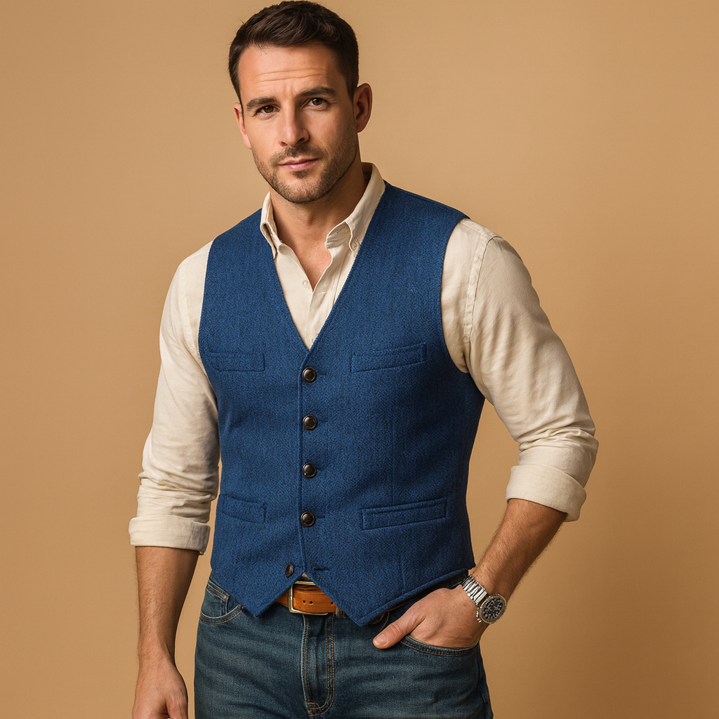 Classic waistcoat for men with button closure and pockets, perfect for formal occasions or casual layered outfits in autumn and winter.