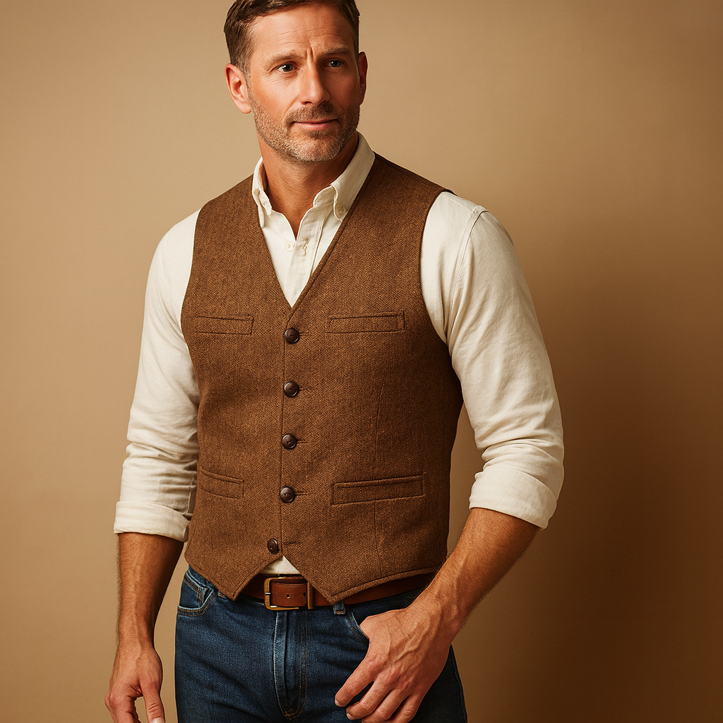 Classic waistcoat for men with button closure and pockets, perfect for formal occasions or casual layered outfits in autumn and winter.