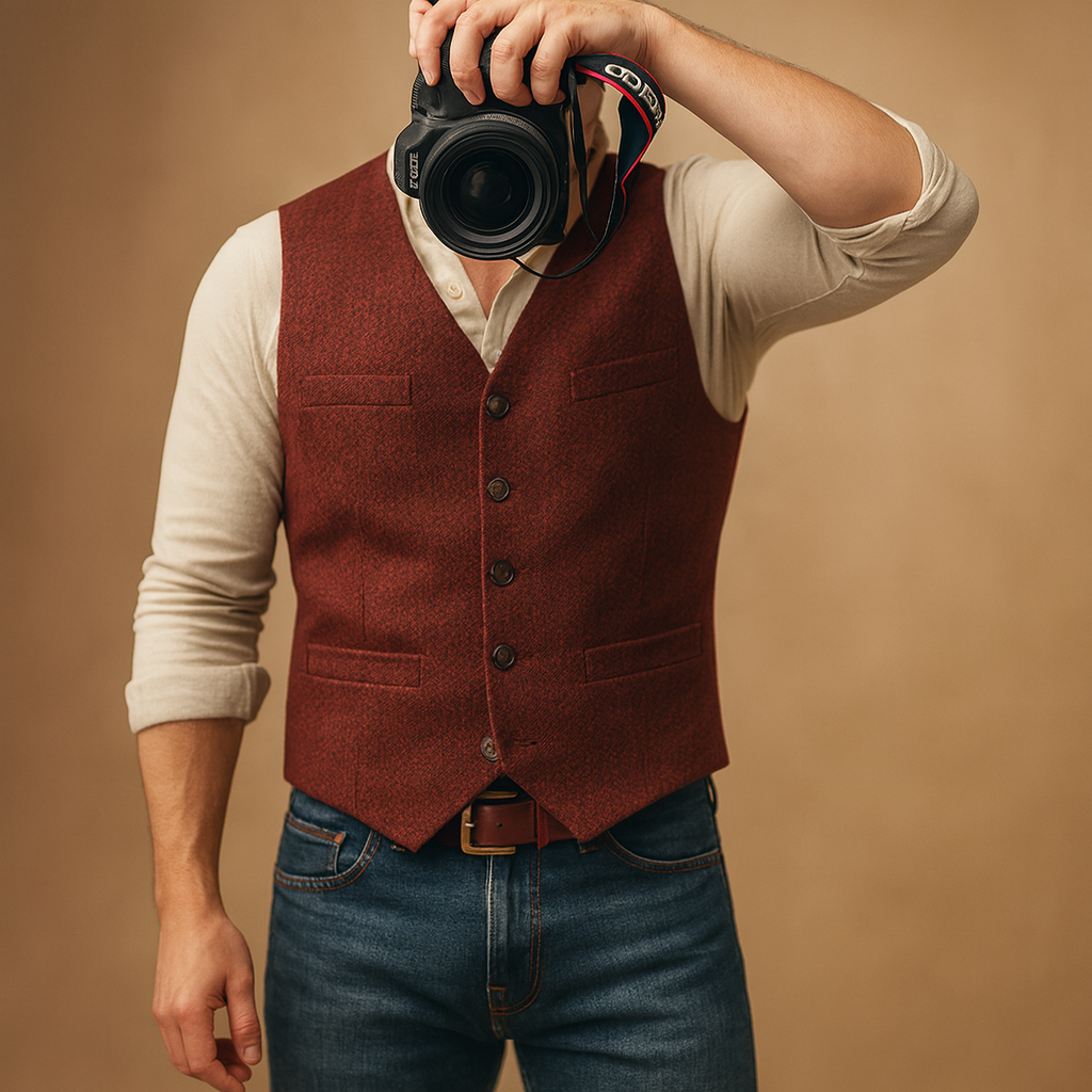 Classic waistcoat for men with button closure and pockets, perfect for formal occasions or casual layered outfits in autumn and winter.
