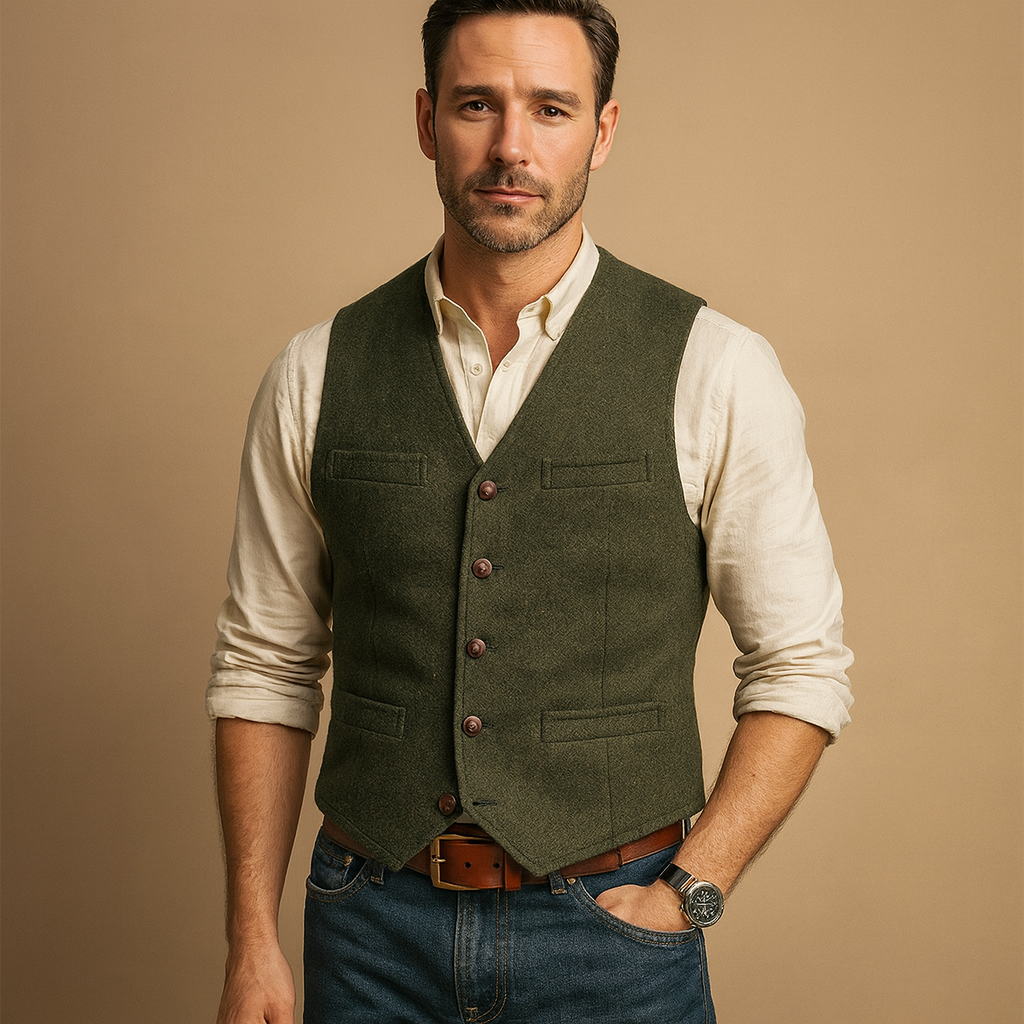 Classic waistcoat for men with button closure and pockets, perfect for formal occasions or casual layered outfits in autumn and winter.