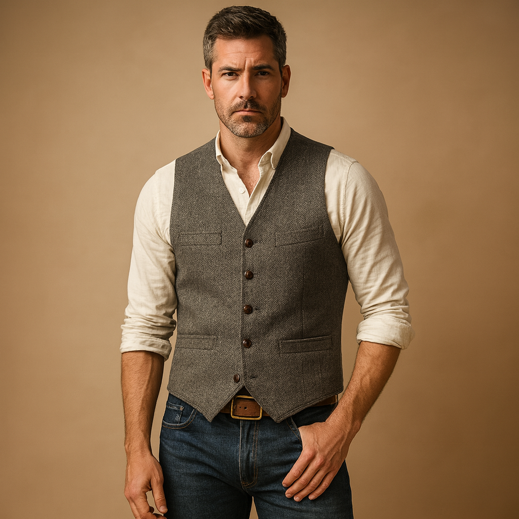 Classic waistcoat for men with button closure and pockets, perfect for formal occasions or casual layered outfits in autumn and winter.