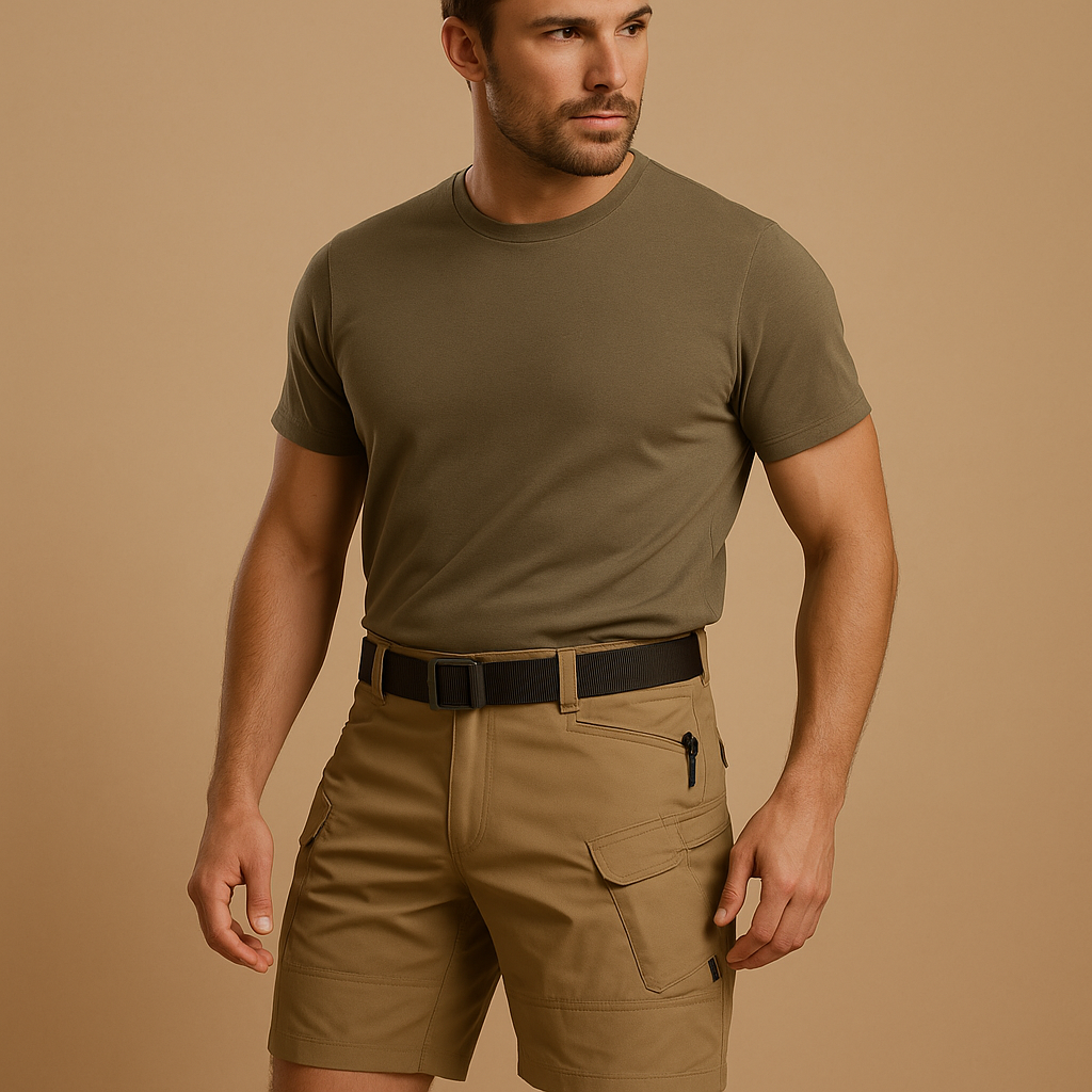 Men’s comfortable cargo shorts Ethan made from soft cotton blend with multiple pockets, available in black, grey, brown, light green, and khaki.