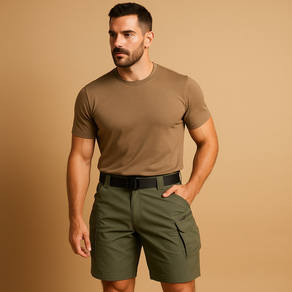 Men’s comfortable cargo shorts Ethan made from soft cotton blend with multiple pockets, available in black, grey, brown, light green, and khaki.