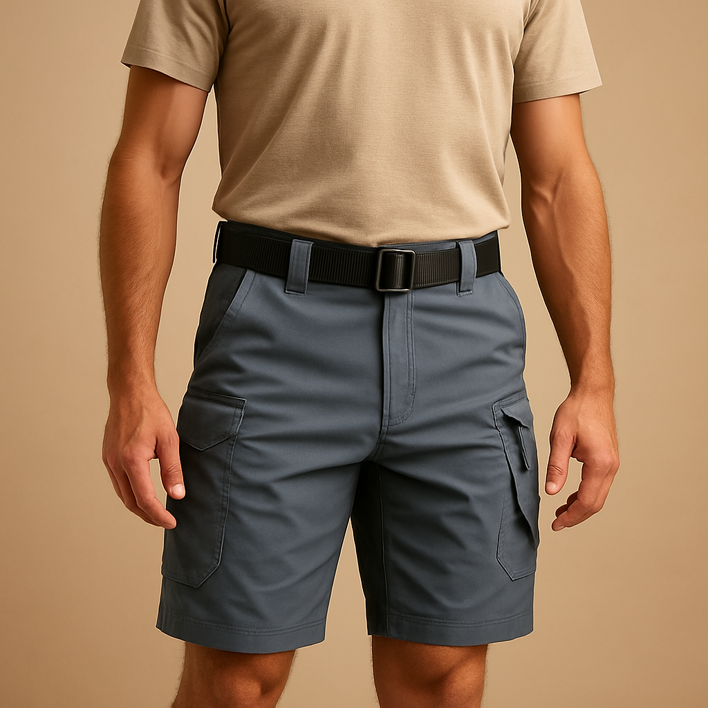 Men’s comfortable cargo shorts Ethan made from soft cotton blend with multiple pockets, available in black, grey, brown, light green, and khaki.