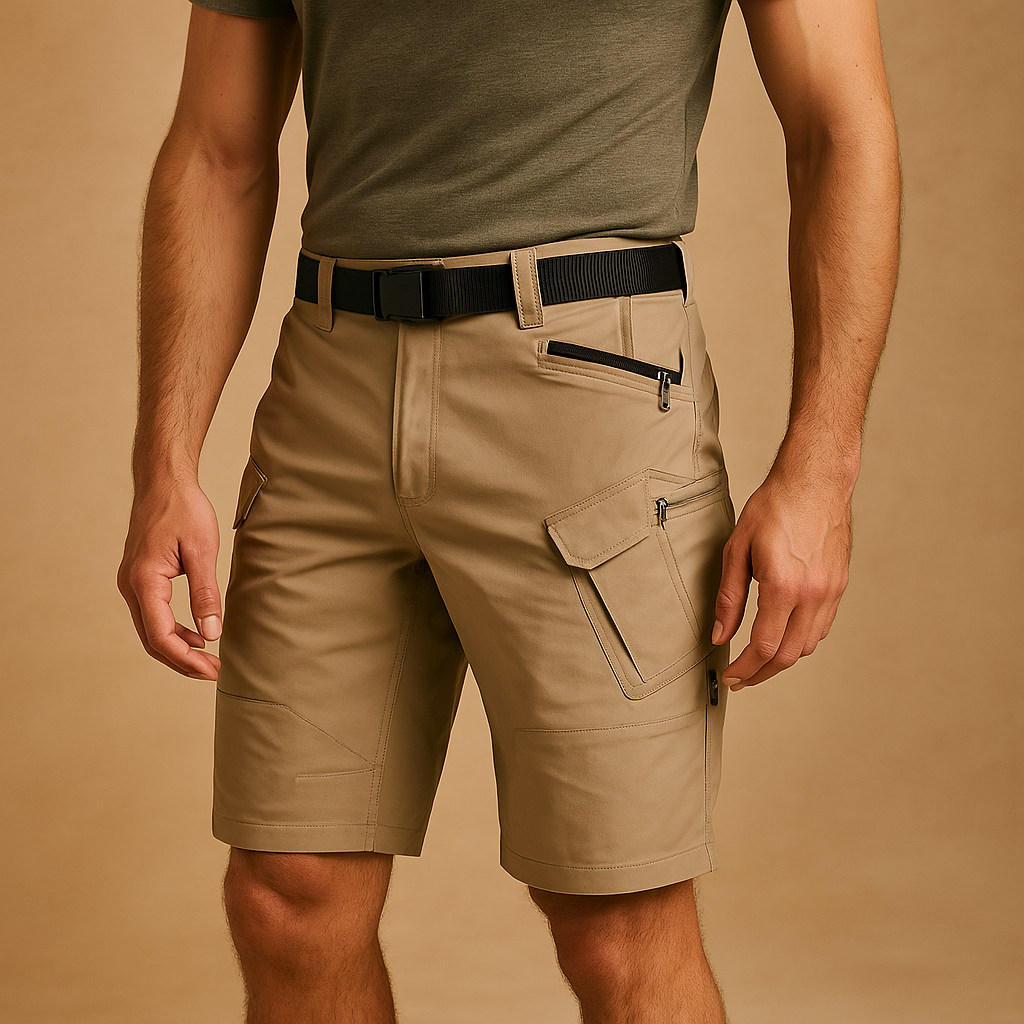 Men’s comfortable cargo shorts Ethan made from soft cotton blend with multiple pockets, available in black, grey, brown, light green, and khaki.