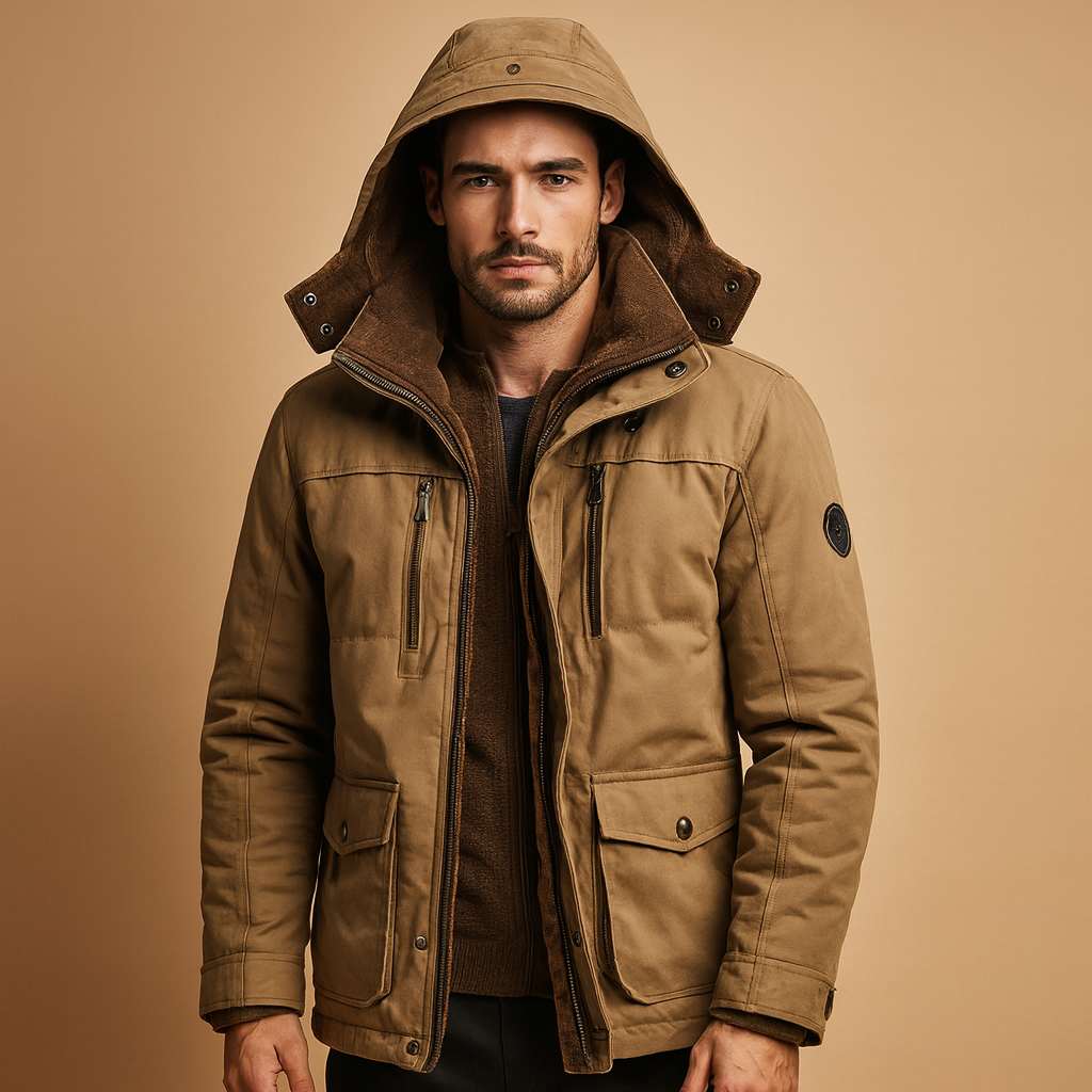 Men’s comfortable hooded winter jacket with thick lining and timeless design, perfect for cold weather and outdoor activities.