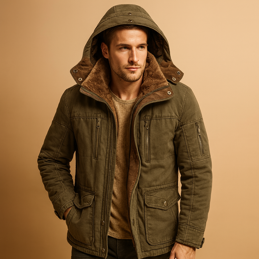 Men’s comfortable hooded winter jacket with thick lining and timeless design, perfect for cold weather and outdoor activities.