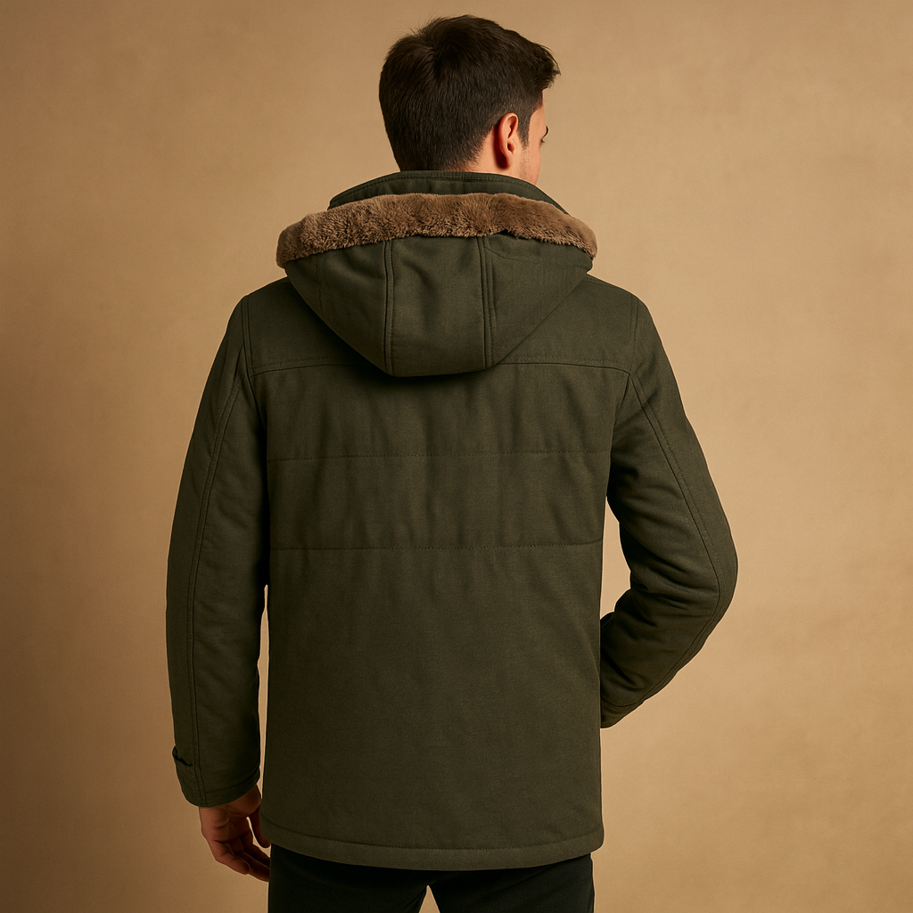 Men’s comfortable hooded winter jacket with thick lining and timeless design, perfect for cold weather and outdoor activities.