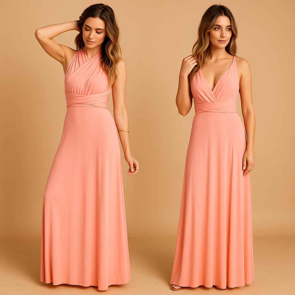 Convertible wrap dress for women named Amara, featuring extra-long straps, pleated waist, and 20+ styling options, perfect for weddings or special occasions.