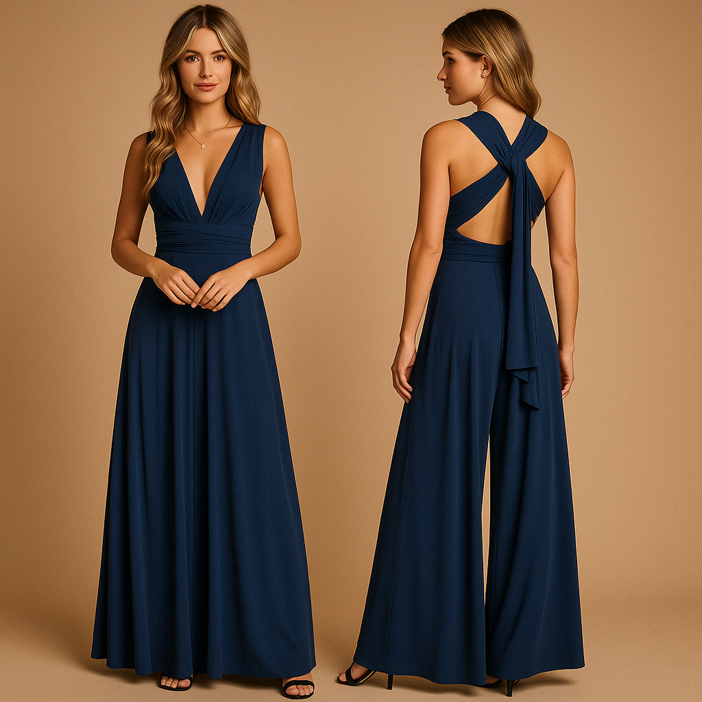 Convertible wrap dress for women named Amara, featuring extra-long straps, pleated waist, and 20+ styling options, perfect for weddings or special occasions.