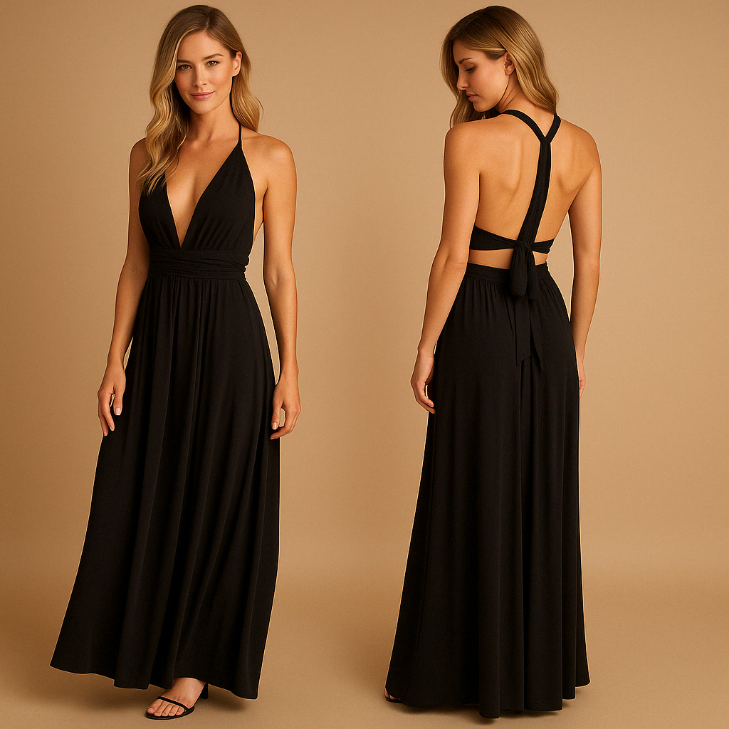 Convertible wrap dress for women named Amara, featuring extra-long straps, pleated waist, and 20+ styling options, perfect for weddings or special occasions.