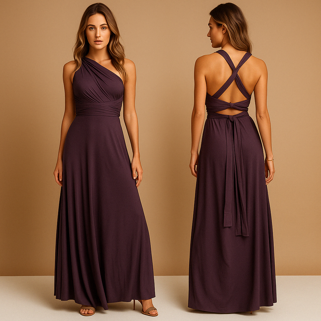 Convertible wrap dress for women named Amara, featuring extra-long straps, pleated waist, and 20+ styling options, perfect for weddings or special occasions.