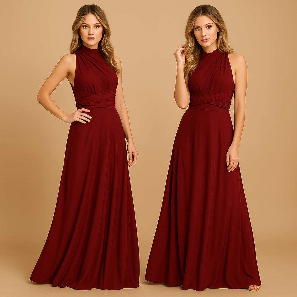 Convertible wrap dress for women named Amara, featuring extra-long straps, pleated waist, and 20+ styling options, perfect for weddings or special occasions.