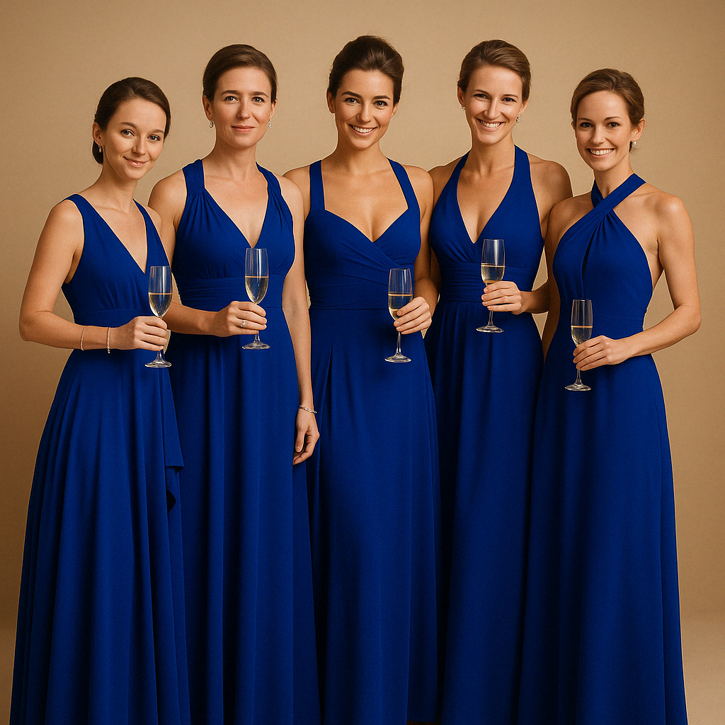 Convertible wrap dress for women named Amara, featuring extra-long straps, pleated waist, and 20+ styling options, perfect for weddings or special occasions.