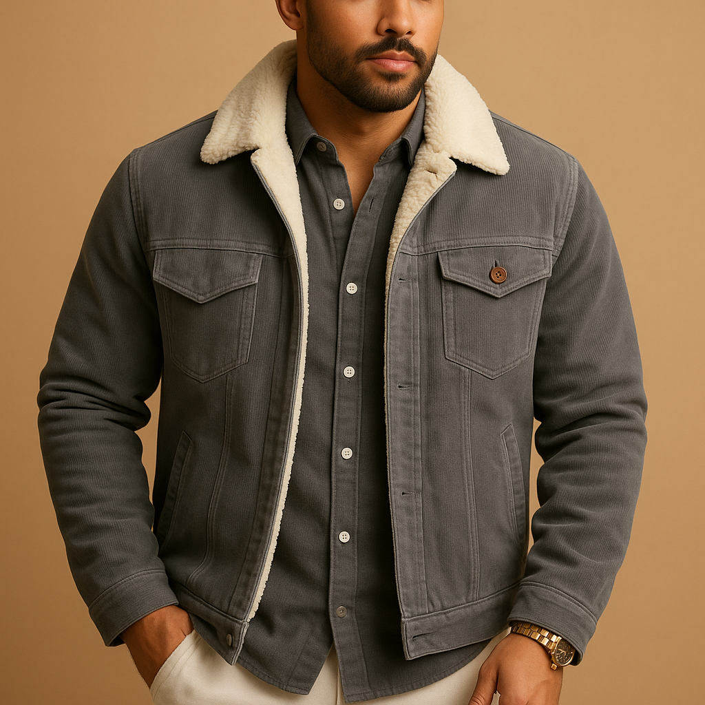 Men’s corduroy jacket in soft durable fabric with slim modern fit, available in khaki, coffee, green, and grey for casual or formal wear.