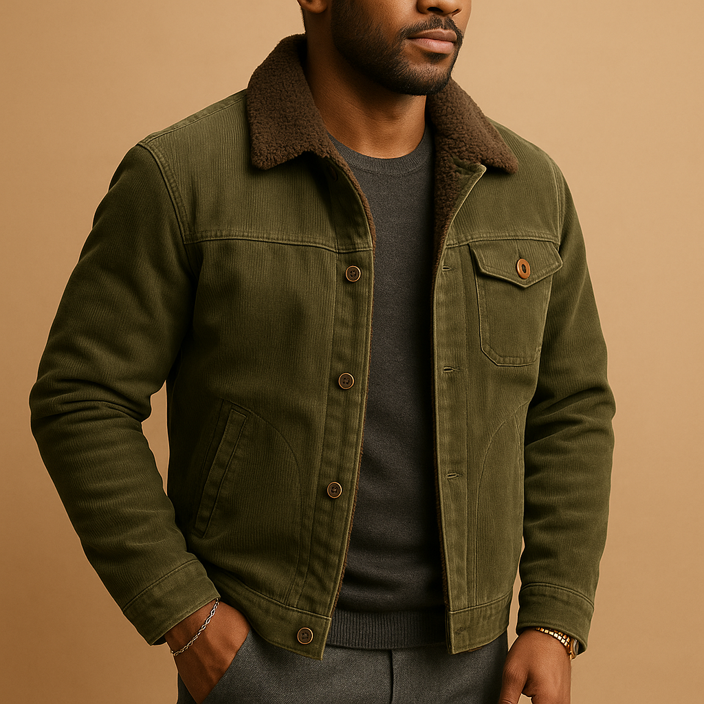 Men’s corduroy jacket in soft durable fabric with slim modern fit, available in khaki, coffee, green, and grey for casual or formal wear.