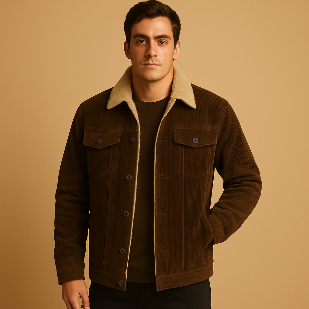 Men’s corduroy jacket in soft durable fabric with slim modern fit, available in khaki, coffee, green, and grey for casual or formal wear.