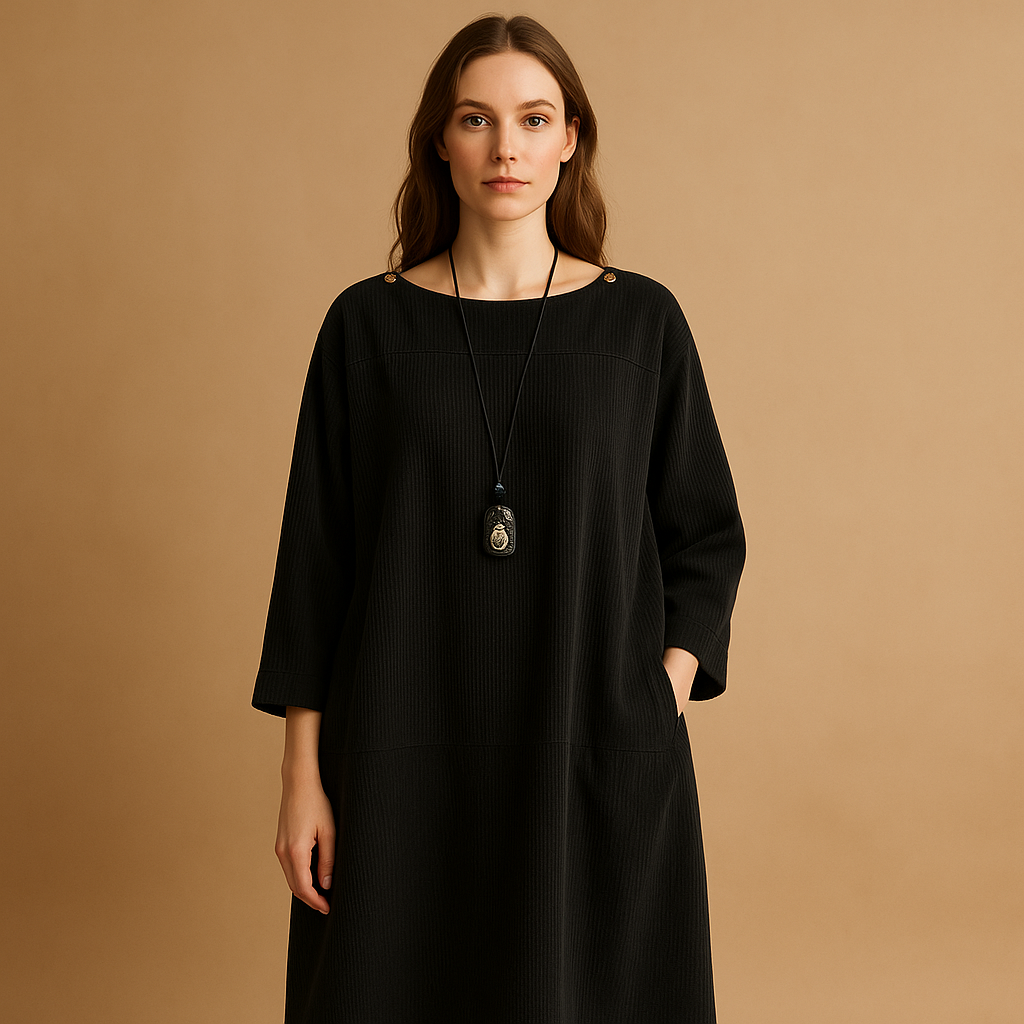 Corduroy summer dress for women with short sleeves and knee-length cut, made from lightweight breathable fabric for casual and elegant summer wear.