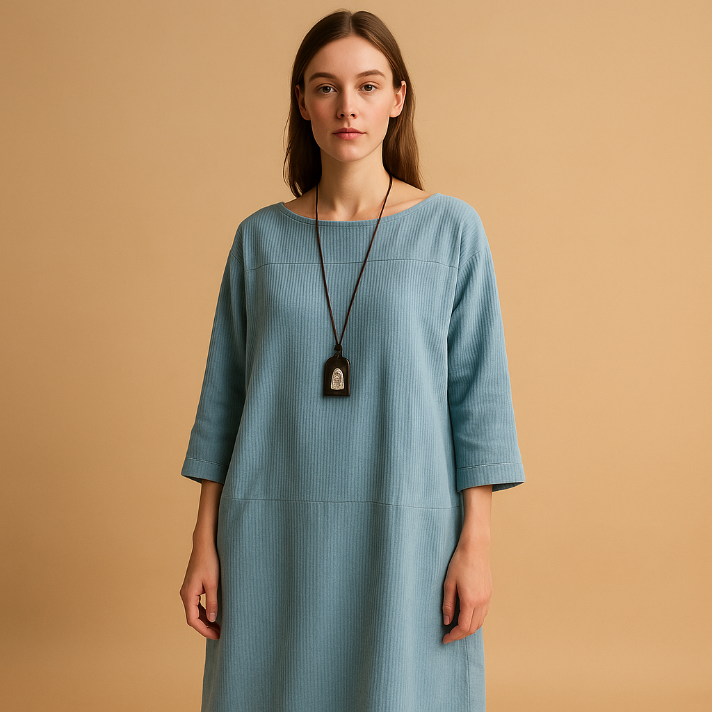 Corduroy summer dress for women with short sleeves and knee-length cut, made from lightweight breathable fabric for casual and elegant summer wear.