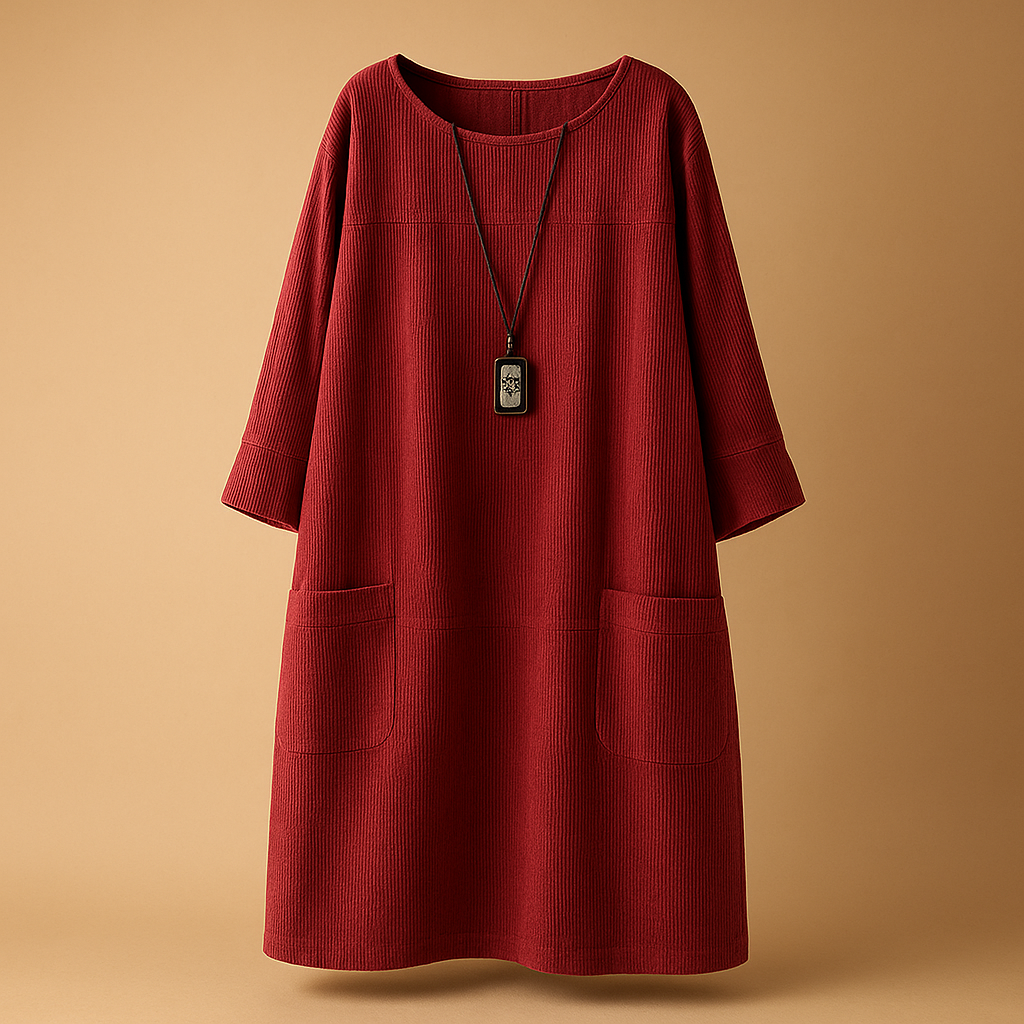 Corduroy summer dress for women with short sleeves and knee-length cut, made from lightweight breathable fabric for casual and elegant summer wear.