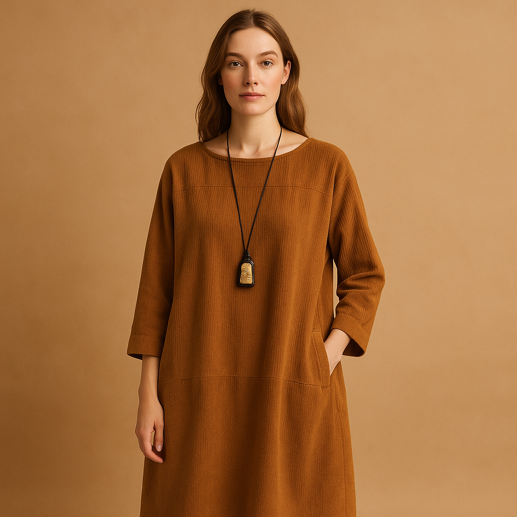 Corduroy summer dress for women with short sleeves and knee-length cut, made from lightweight breathable fabric for casual and elegant summer wear.