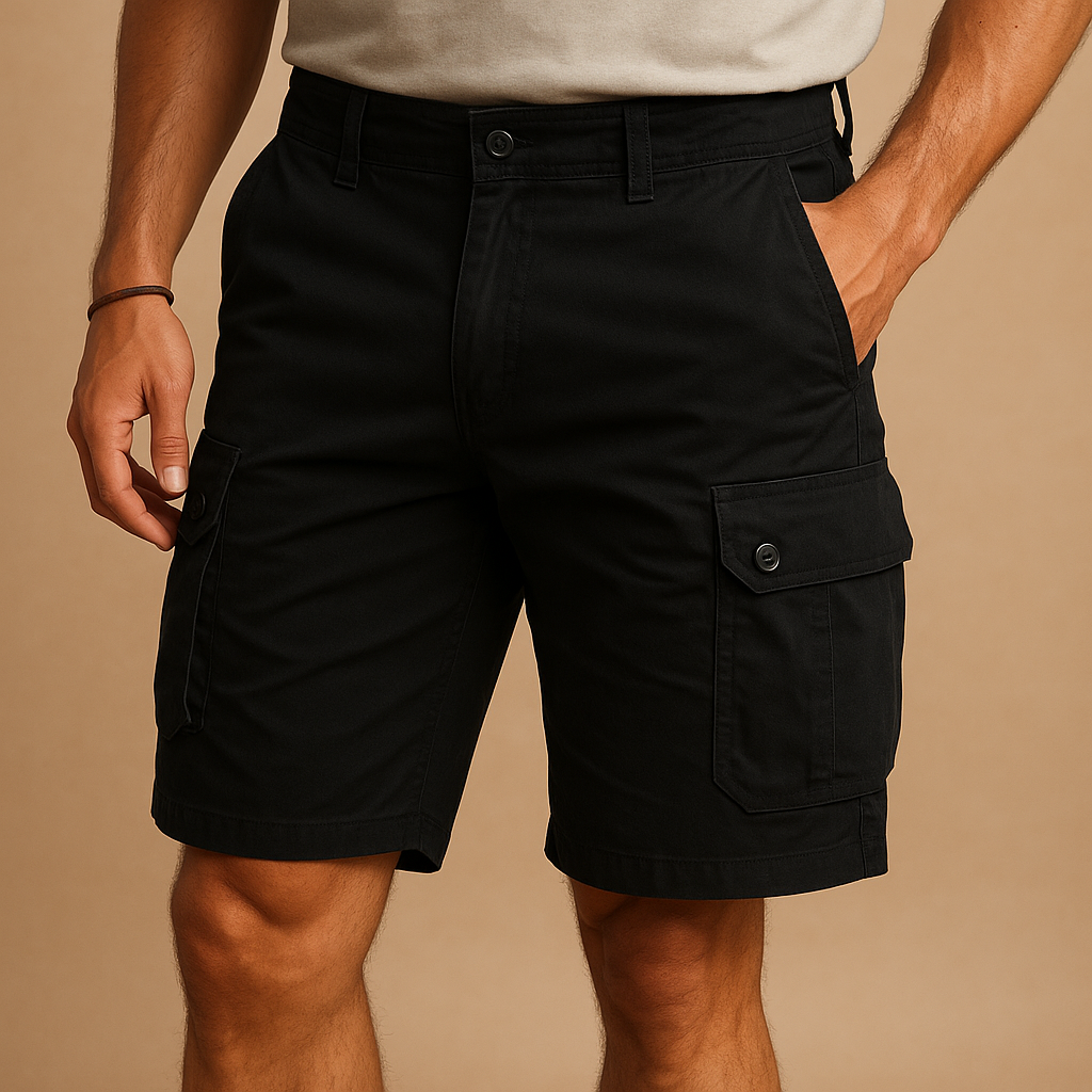 Men’s cotton cargo shorts Adrian with loose straight fit and multiple pockets, available in army green, khaki, and black. Ideal for casual summer wear.