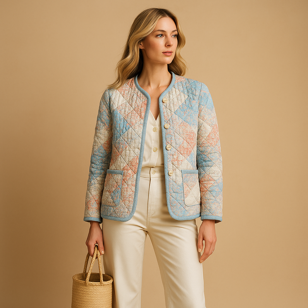 Cotton coat for women with slim fit, classic button closure, and striking prints in multicolor, pink beige, and pink blue.