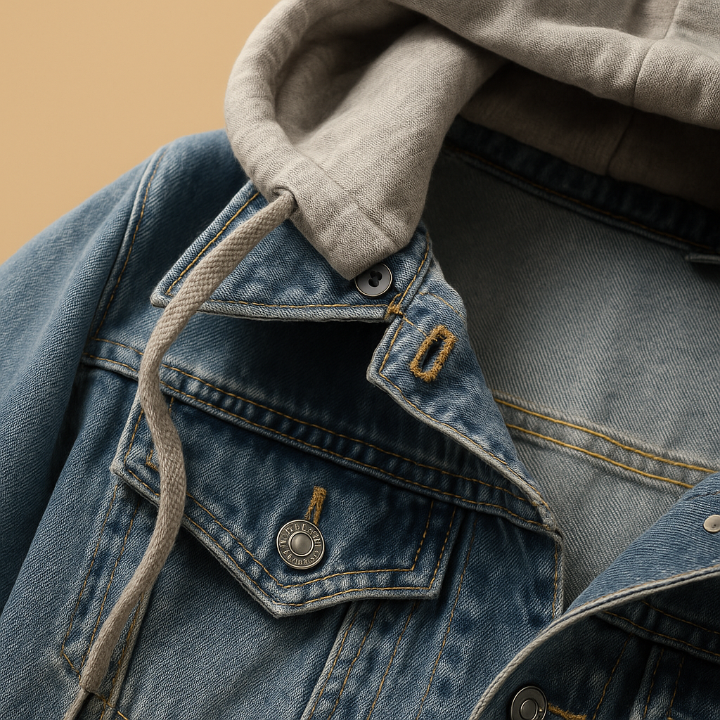 Denim jacket with hood for women in light blue and dark blue, lightweight breathable design with front pockets for casual summer wear.